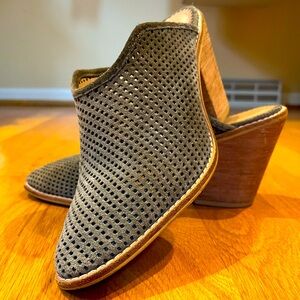 Anthropologie Gray Stacked Heel Leather Mules, size 8.5